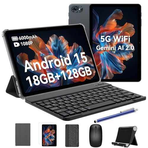 TABWEE T80 Android 15 Touch Tablet - 18GB+128GB (2TB TF Expandable), 10-inch Tablet, 6000mAh Battery, 5MP Camera, Gemini AI 3.1 Pro, 5G WiFi, GPS, Face ID, Tablet with Keyboard, Mouse, Case & Stylus
