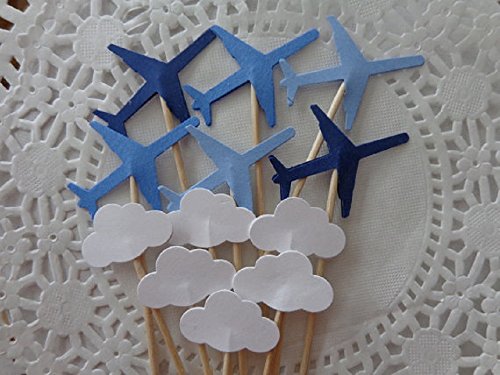 Blue Airplanes and Small Cloud Cupcake Toppers - Navy Blue Medium Blue and Light Blue Planes - Party Picks - Jet Food Picks - (Set of 24) - Thumbnail 2