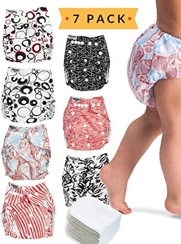 Cloth Diapers - 7 Piece Reusable Diaper Cover Set - Bonus 7 Baby Soft Insert Liners, Waterproof Carry Bag - All in One Pack - Unisex Pocket Design for Boys & Girls - Great for Baby Shower