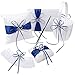 OurWarm Wedding Guest Book + Pen Set + Flower Basket + Ring Pillow + Garter, White Cover, Double Heart Rhinestone Decor Royal Blue/Deep Blue Ribbon Bowknot Elegant Wedding Ceremony Party Favor
