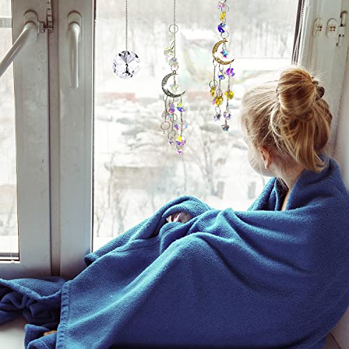 3 PCS Crystal Sun Catchers -13 Inch Hanging Suncatcher with Chain , Star Moon Crystals Prisms Pendant Light Catchers Beads,for Window Home Garden Christmas Day Party Wedding Decoration