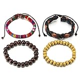 Mix 4 Brown Wrap Bracelets Men Women, Wood Beads Ethnic Tribal Bracelets, Leather Cotton Wristbands