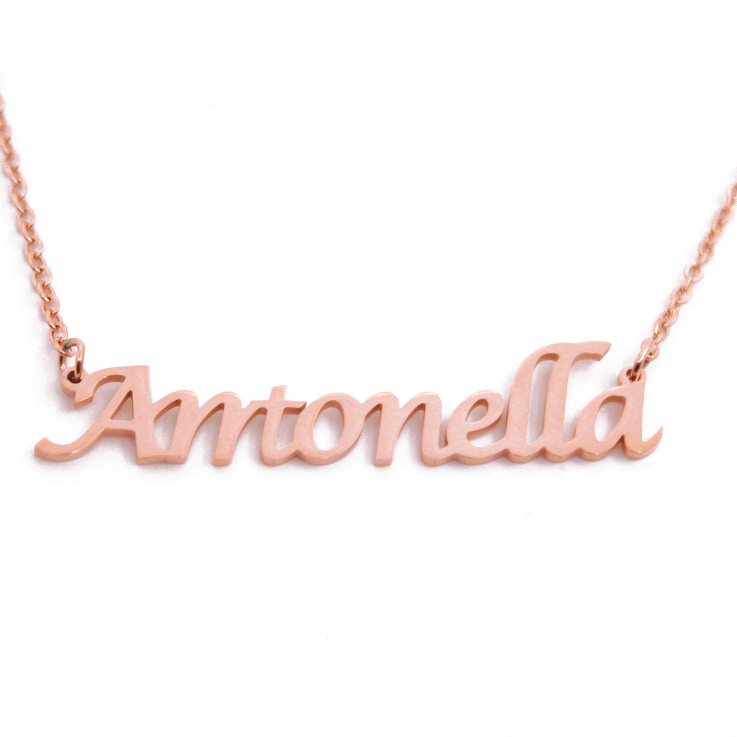 Kigu Antonella Name Necklace Personalised 18ct Rose Gold Plated, Custom Dainty Name Pendants, Jewellery for Ladies, Girlfriend, Mother, Sister, Friends Inc Bag & Box
