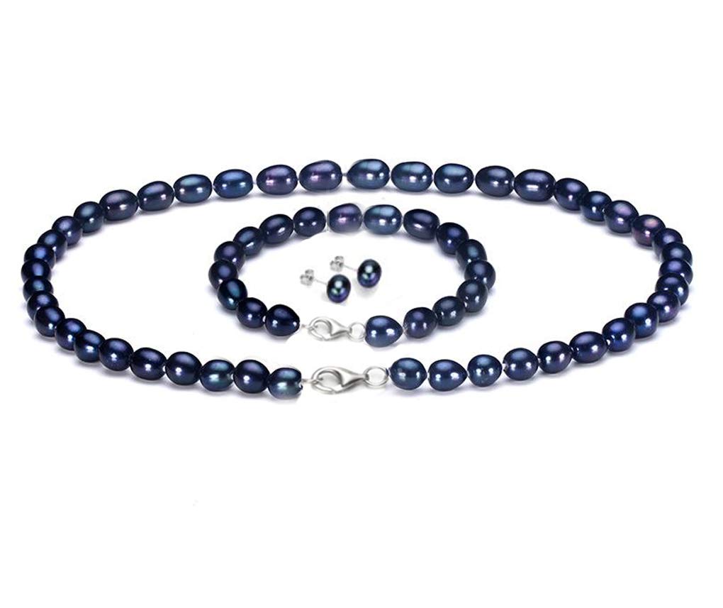 Treasure Bay FAB Elegant 7-8mm Rice Shape Freshwater Pearl Necklace Bracelet and Earring Jewellery Set for women and Girls (Black)