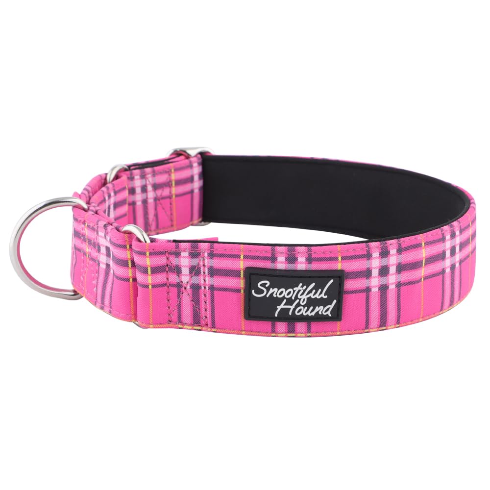 Snootiful Hound Padded Martingale Collar - Pink Tartan Check - Ideal for Greyhounds, Whippets, Lurchers and All Sighthound Breeds - Anti-Slip Collar (30-40cm)
