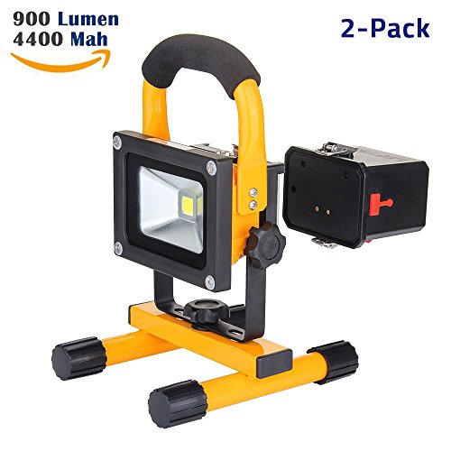 10W Work Light: LOFTEK Portable LED Outdoor Flood Light and Detachable 4400mAh Battery Charger, Waterproof, 700-900lm,Yellow, Pack of 2