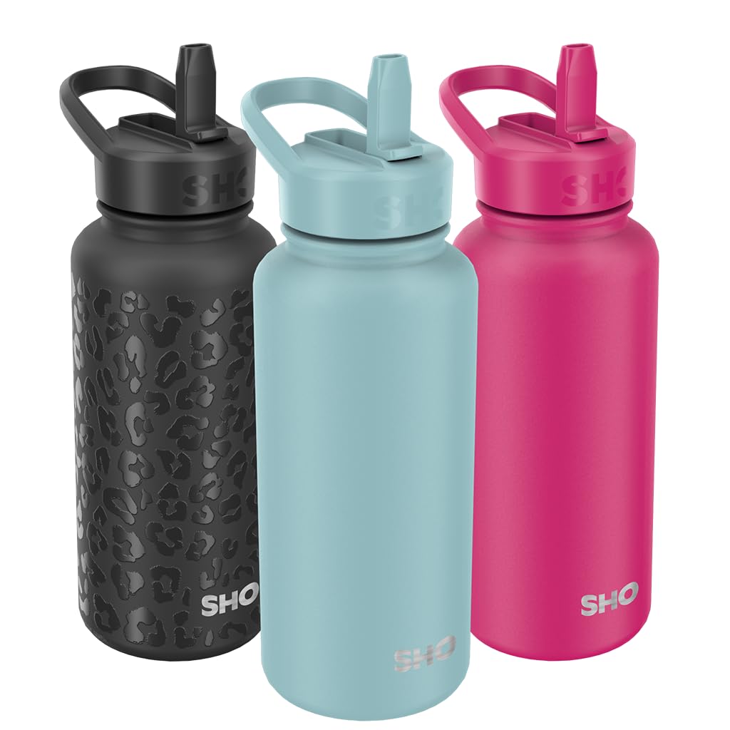 SHO Guzzler Water Bottle with Straw Lid - Leakproof Dishwasher Safe BPA Free No Sweat Vacuum Insulated Double Walled Metal Flask 950ml & 1900ml 24 Hours Cold (Arctic Mist, 950ml)