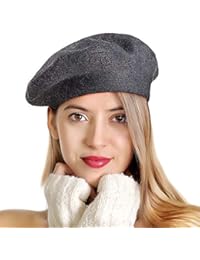 LADYBRO Knit Berets for Women Rhinestones 2 Layers Wool Beret Hats Winter Hats Warm Soft (Grey-Black Rhinestones)