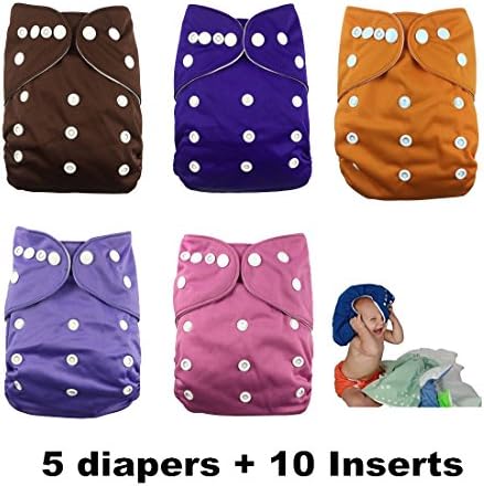 Nooya Baby Washable and Reusable Diapers Cloth (5 Cloth Diaper Covers + 10 Inserts) - Adjustable Snap One Size Cloth Pocket Diapers