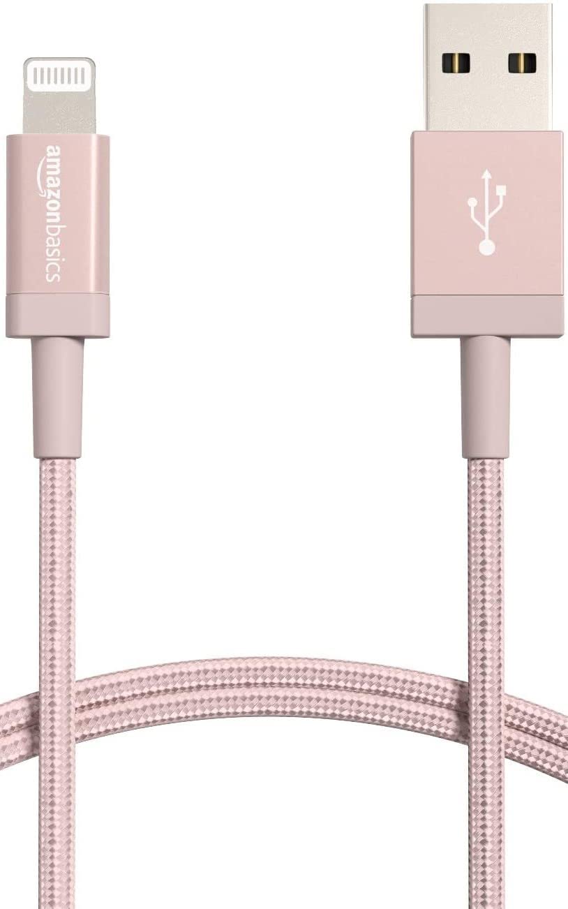 Photo 1 of Amazon Basics USB-A to Lightning Charger Cable, Nylon Braided Cord, MFi Certified Charger for Apple iPhone 14 13 12 11 X Xs Pro, Pro Max, Plus, iPad, 3 Foot, Rose Gold
