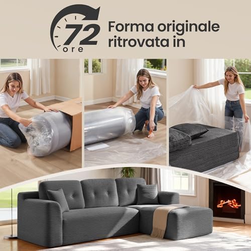 Divano Angolare, Divano Modulabile 244 cm, Consegnato Compresso in Collo, Senza Montaggio, con Ampia Chaise Longue a Destra, per Soggiorno, Camera degli Ospiti, Grigio Ardesia LCS184GN01
