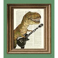 T-Rex With Guitar"Cousin Carl Shreds" Dinosaur Art Print Beautifully Upcycled Dictionary Page Book Art Print