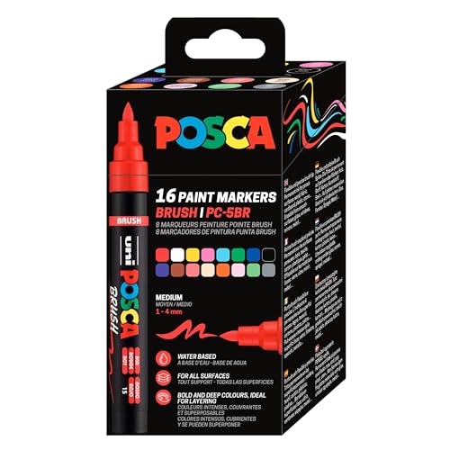 POSCA Mitsubishi Pencil - Pochette 16 Marqueurs PC5BR - Pointe Brush Moyenne, Semi-Flexible - Peinture à Base d'Eau - Tout Support - Couleurs Assorties