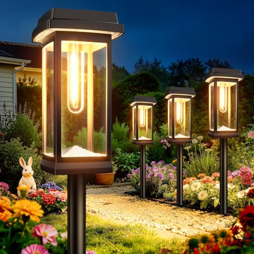 RECHOO Solar Lights for Outdoor Garden Pack of 4, 3000 K Warm White Solar Lights Garden with Metal Ground Spikes & 2 Light Modes, IP65 Waterproof Solar Lights for Outdoors, Garden Decoration, Yard
