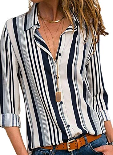 Casual Plus Size Striped Blouse Tops for Women V Neck Cuffed Long Sleeve Novelty Henley Shirts High Low Hem Office Shirt White Navy XXL