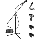 Pyle Dynamic Microphone and Tripod Stand-Height Adjustable from 2.6' to 5.1 Telescoping Boom Arm Mic Length 7.48'' Inch w/Acoustic Pop Filter-Includes 15' ft XLR Cable PMKSM20, Black