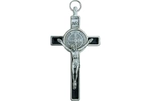VENERARE St. Benedict Crucifix with Round St. Benedict Medal Inlay | 3" Silver-Tone and Black Enamel Cross with Cord and Booklet | Patron Saint of Students and Europe | Made in Italy