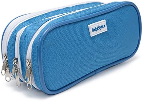 HexoSpace Pencil Pen Case with Three Compartments - Large Capacity - School Supplies Organizer Holder - Makeup Pouch - Crafts Storage Bag - Travel Accessory Bag - Mesh Pockets - Blue - Durable Quality