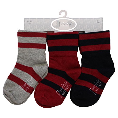 Frenchie Mini CoutureChildren’s Burgundy, Navy, and Grey Crew Socks with contrasting Stripes, 3-pack