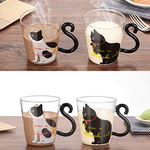 Cute Kitty Glass Water Cup Cat Tail Handle Mug Milk Tea Coffee Fruit Juice Mug Drinkware Home Office Cup Lovers Gifts - Black