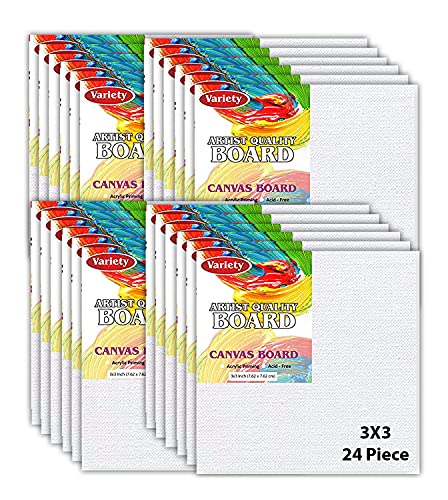 Variety Canvas 24 Pieces 3 x 3 Inch, Mini Small Size Canvas Boards for Painting, Acrylic Oil Painting Board 24 Pcs. Set (White)