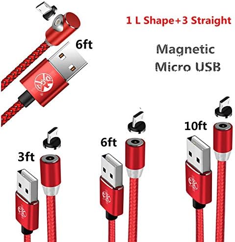 Interesting 4 Pack Red- Round Micro USB Magnetic Cable (6ft Right Angle + 3ft/6ft/10ft Straight),Smart Phone Charger Cable,360° 2A Fast Charging for Kindle,HTC,Huawei,Samsung Galaxy,LG, Sony,Tablet