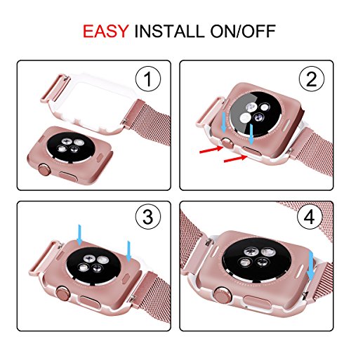 LikeItY Apple Watch Band Milanese Loop,Likeity Stainless Steel Magnetic Band With Metal Case For Apple Watch Series 1/2 - Shockproof Protective Bumper Replacement Strap(38mm Rose Gold)
