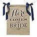 Ling's moment Natural Burlap Here Comes The Bride Sign with Navy Blue Ribbon, 15 x 20 Inches