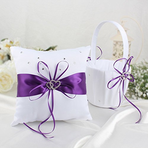 Wedding Flower Girl Basket and Ring Bearer Pillow Set, Purple Satin, Ring Pillow + Flower Girl Basket + Wedding Guest Book +Pen Set + Garter Cover - Thumbnail 2