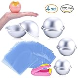 DIY Metal Bath Bomb Mold 3 Size 4 Set - with 100 pcs Shrink Wrap Bags 6 x 6 Inch - BONUS Mini Sealer - for Bath Bomb Making, Handmade Soaps and Crafts - with Instructions (molds+100pcs bags)