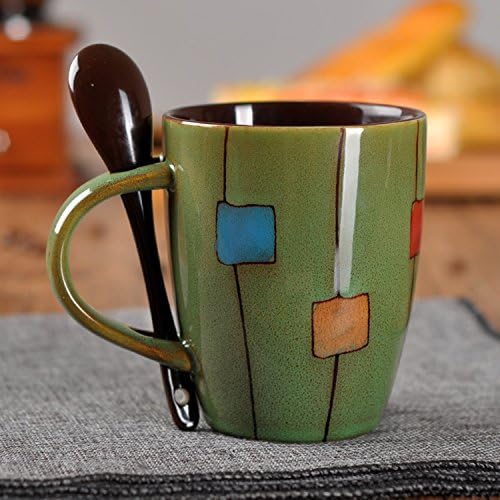 UUOUUCeramic Coffee Mug Retro Drum Square Shaped Milk Cup with Spoon Tea Cup Mug Green