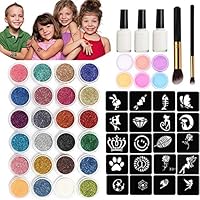 Chnaivy Glitter Tattoos kit Temporary Make Up Body Face Paint Glitter 24 Colors 118 Sheets Cute Stencils, 3 Waterproof Adhesive,2 Brushes, Birthday Gift Christmas gift for Kids Girls Party Supplies