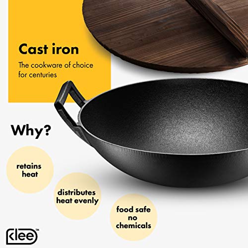 Klee PreSeasoned Cast Iron Wok Pan with Wood Wok Lid and Handles 14