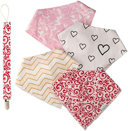 Baby Bandana Drool Bibs for girls, Pack of 4 Organic Cotton Bibs, with Free Matching Pacefier Clip "Elegante Set" Great Shower gift by Arimy Baby
