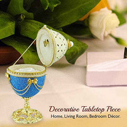 Matashi Blue-Ivory Eggshell Trinket Music Box "Fur Elise" with Crystals and Pearls Faberge Egg Table Top Ornament Decorative Gold Finish Home Decor for Living Room Bedrooms Gift for Christmas Birthday - Thumbnail 4