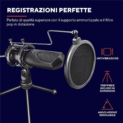 Trust Gaming GXT 232 Mantis Microfono USB per Streaming, Shock-Mount, Filtro Pop e Treppiede, Microfono per PC, Computer, PS4, PS5, Podcast, Vlog - Nero