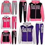 Kids Girls Tracksuit #SELFIE Print Hoodie & Bottom Jog Suit New Age 7-13 Years