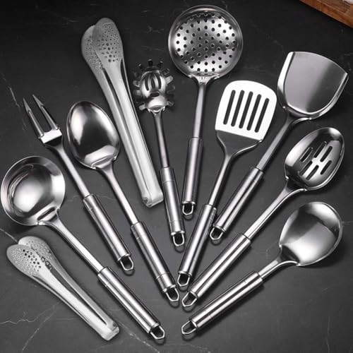 Juego de Utensilios de Cocina de Acero Inoxidable 11pcs Antiadherentes con Mango Resistente al Calor Accesorios de Cocina con Cucharones, Palas y Pinzas de Cocina