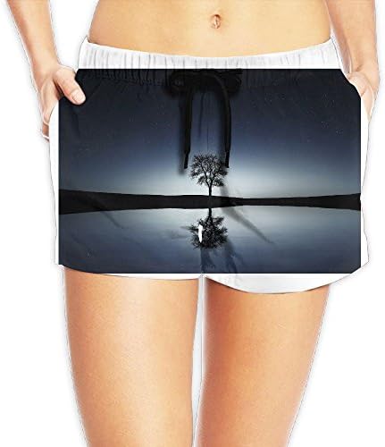 SmallTing Women Beauty Of The Night Under A Tree Beautiful Blue Color Lake Night White Summer Boardshorts S Adjustable Beach Shorts