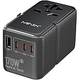 MINIX 170W Universal Travel Adapter GaN III Travel Adapter Worldwide with 3 USB-C & 1 USB-A Ports, International Power Adapter Compatible with US/UK/EU/AU for Laptops, Tablets, Phones, Cameras