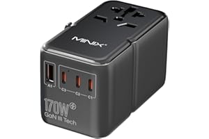 MINIX 170W Universal Travel Adapter GaN III Travel Adapter Worldwide with 3 USB-C & 1 USB-A Ports, International Power Adapter Compatible with US/UK/EU/AU for Laptops, Tablets, Phones, Cameras
