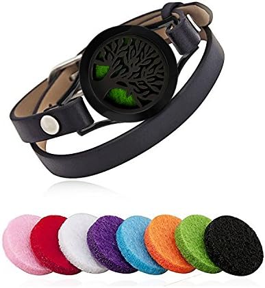 Essential Oil Diffuser Bracelet Aromatherapy Tree Stainless Steel Black Adjustable Leather Band with 8 Color Pads for Décor Gift