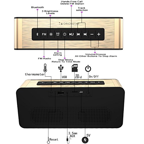 Orionstar Wireless Bluetooth Alarm Clock Radio Speaker with HD Sound & Big Digital Screen Compatible with iPhone/Android/PC4/Aux/Micro SD/TF/USB for Bedroom Office Model A10 Gold with Wall Charger - Thumbnail 3