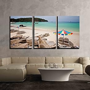 3 Piece Canvas Wall Art - Beach Time - Modern Home Art Stretched and Framed Ready to Hang - 16"x24"x3 Panels