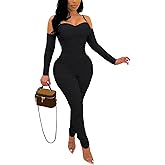 WOKANSE Women's Sexy Ruched One Piece Bodycon Cold Shoulder Long Sleeves Solid Jumpsuits Long Pants Romper