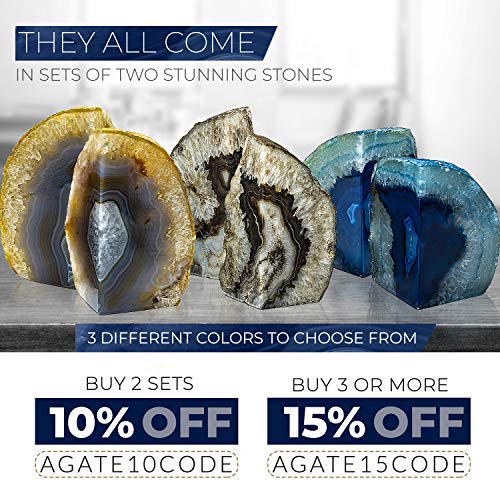 Geode Bookends 1 Pair 6-9 lbs (Dyed Blue)| Stone Bookends for Light and Heavy Books | Unique Brazilian Crystal Book Ends in Agate Stone to Hold Books, geode Decor and Paperweight | 3 Colors Available