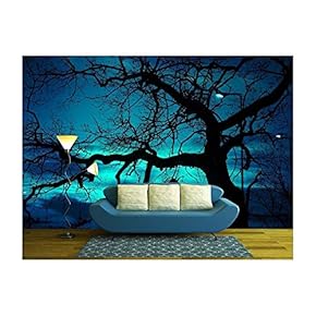 Disquieting Landscape, Bare Tree and Street Lamp at Halloween Night, with Strange Light on The Dark Sky - Removable Wall Mural | Self-Adhesive Large Wallpaper - 66x96 inches