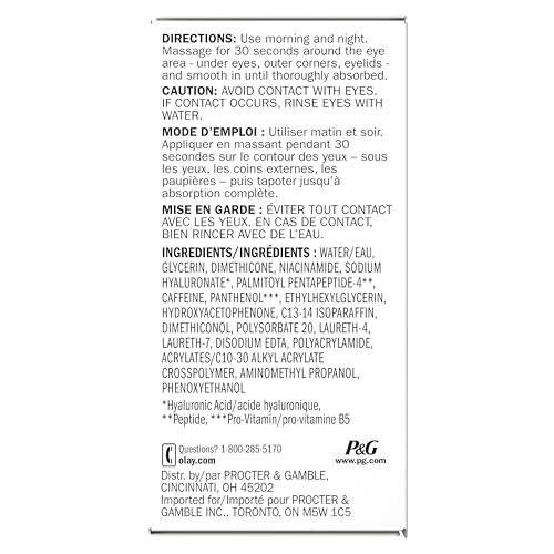 OLAY HYALURONIC + PEPTIDE 24 GEL EYE CREAM, FRAGRANCE-FREE, 0.5OZ (15 ML)