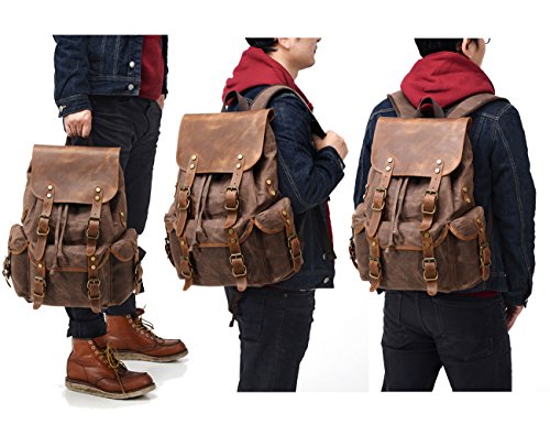 Kemy's Mens Waxed Canvas Backpack Leather Rucksack for Men Wax Leather Backpacks Travel Vintage Bookbag with Laptop Compartment Rustic Large Waterproof Coffee Easter Gifts