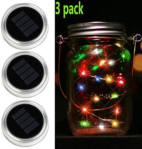 Waterproof Mason Jar Lights,10 LED Solar Warm White Fairy String Lights Lids Insert for Garden Deck Patio Party Wedding Christmas Decorative Lighting Fit for standard Mouth Jars (3 PACK Colorful)